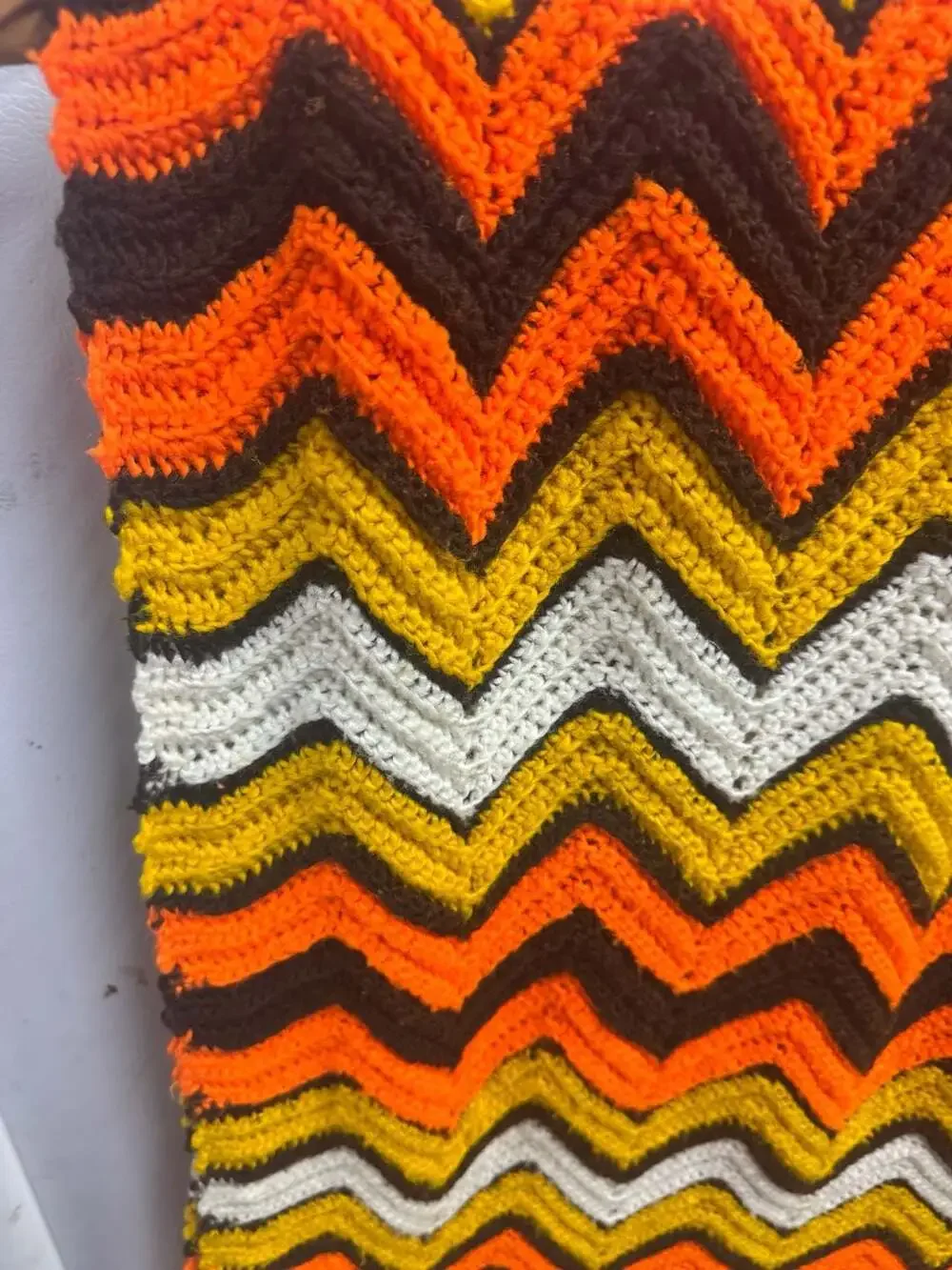 70s Handmade Vintage Crochet Afghan Throw Orange Yellow Brown Mint!